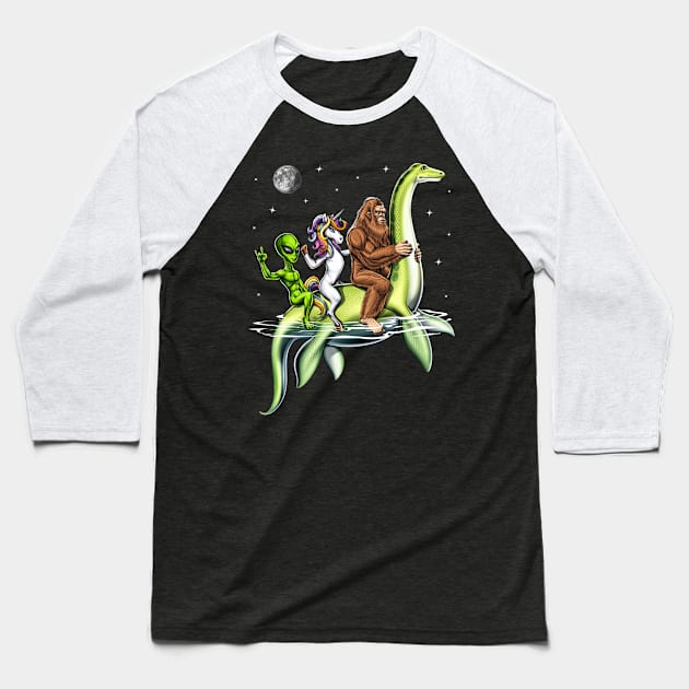 Cryptids Riding Loch Ness Monster Baseball T-Shirt by underheaven